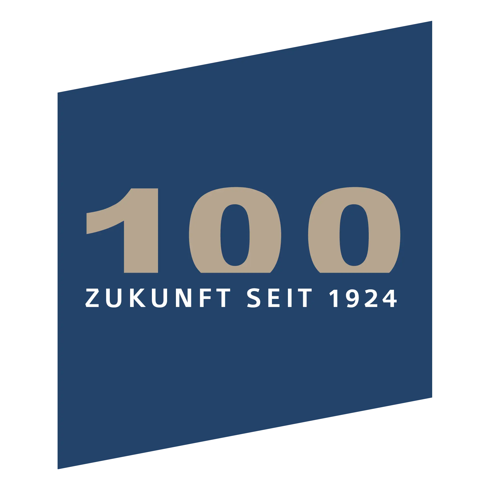 A darkblue parallelogram displaying a golden „100" with a white sublime saying „ZUKUNFT SEIT 1924".