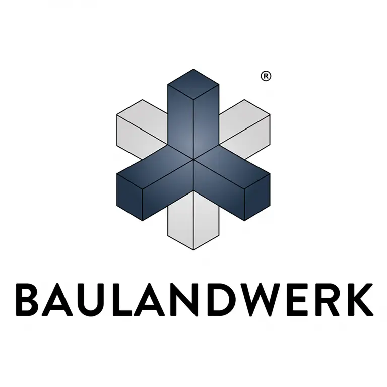 A cristal shaped vector logo in grey and blue with a black subline saying „BAULANDWERK".